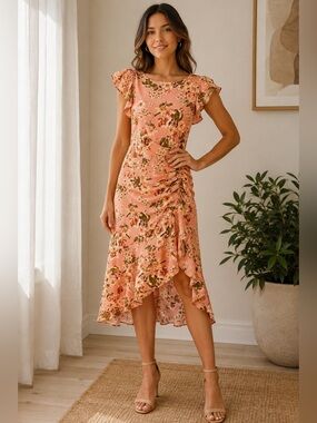 julia jordan Peach Floral Asymmetrical Ruffle Midi Dress